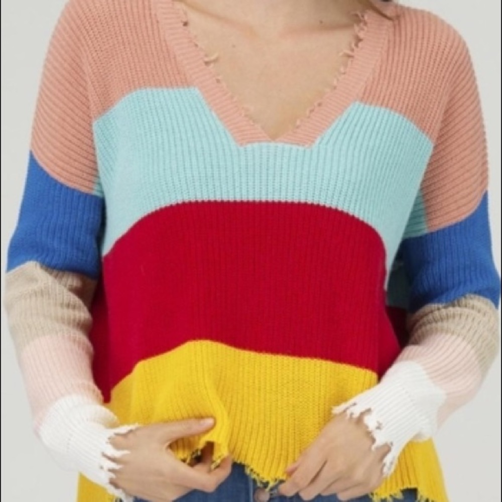 Fate Color Block Distressed Sweater